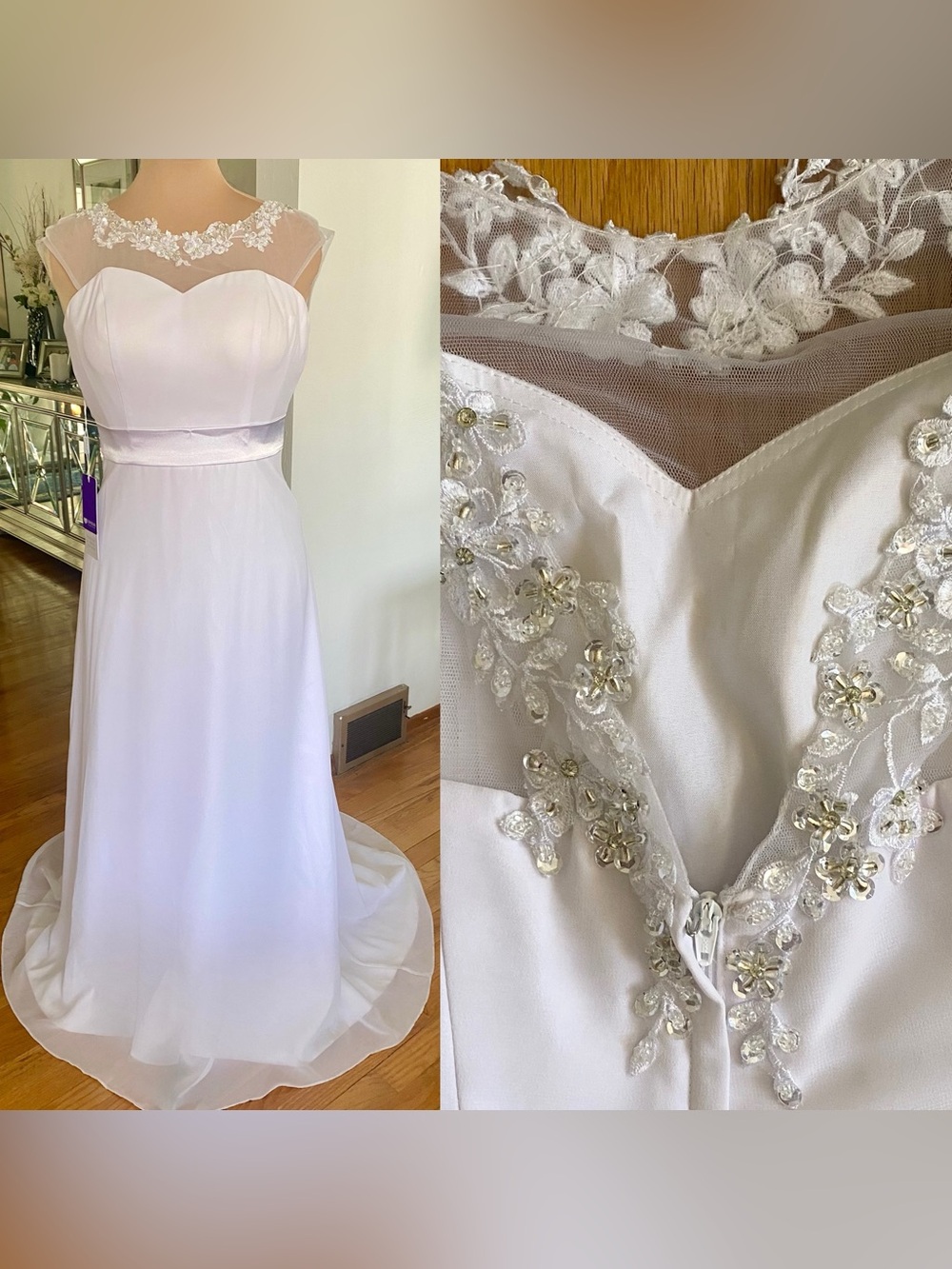 JJs House White Wedding Dress *Size 4* Beaded Illusion Chiffon Sleeveless Gown